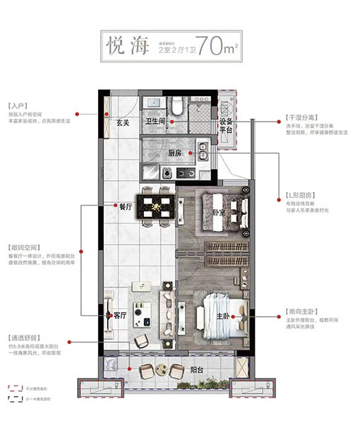 悦海-约70㎡-两室两厅一卫